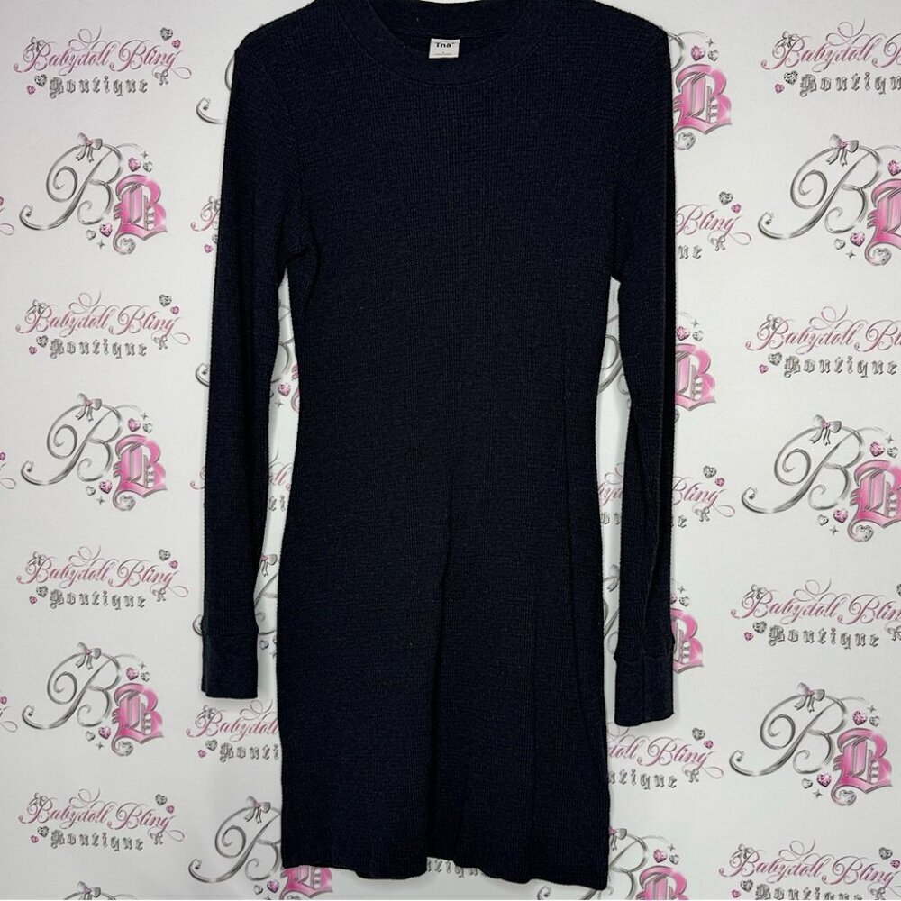 TNA dress waffle knit thermal mock neck dark grey stretchy comfy warm classic